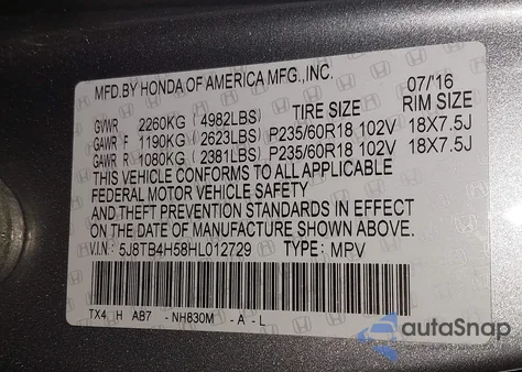 2017 Acura Rdx Technology Acurawatch Plus Packages/W/Technology Package from USA, damaged, VIN 5J8TB4H58HL012729